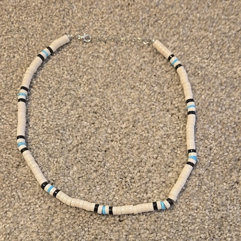 Puka Beaded Necklace in White, Black Blue - Picture 1 of 3